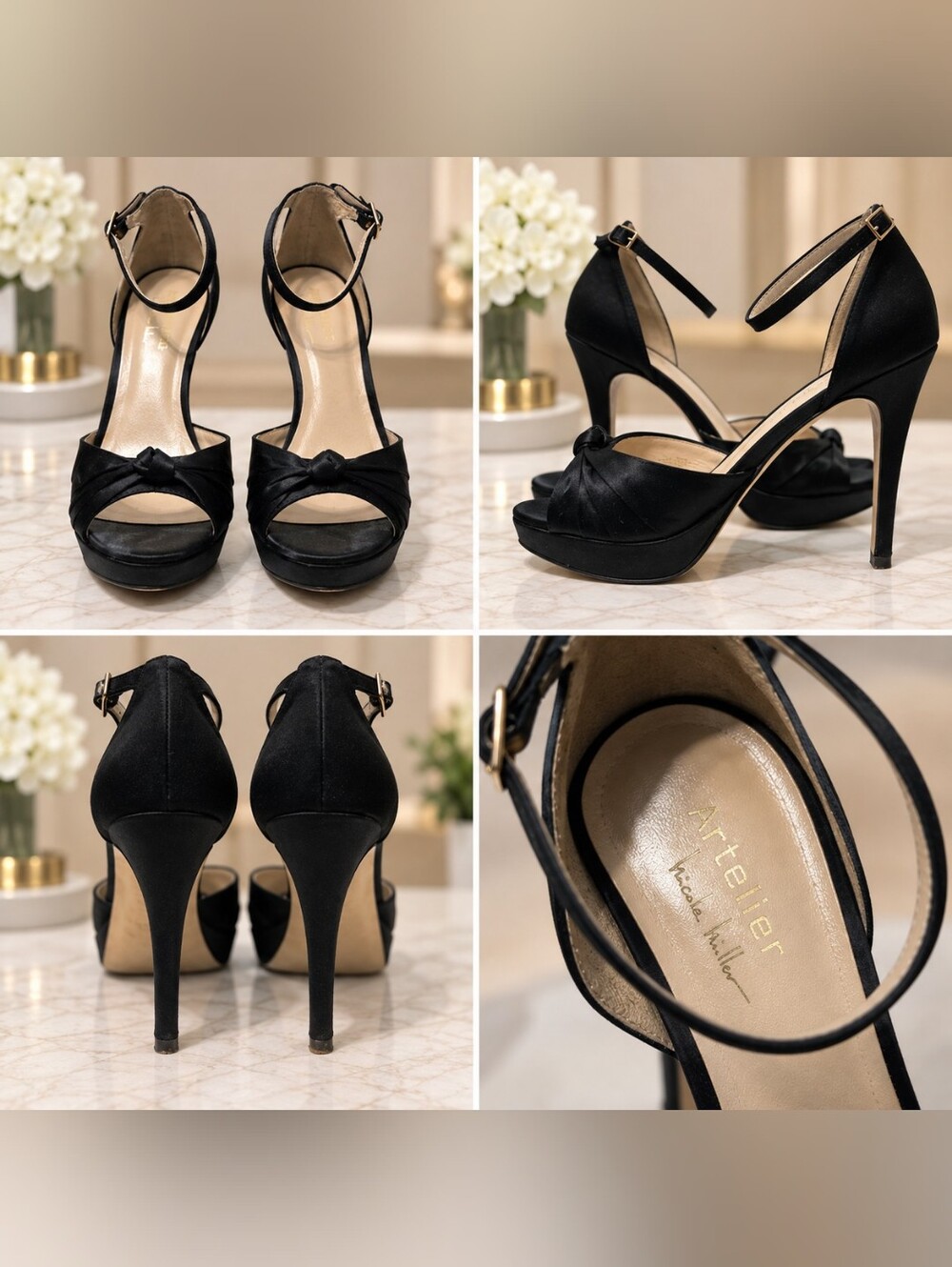 Artelier Nicole Miller Black Satin Platform Heels Ankle Strap Size 8M